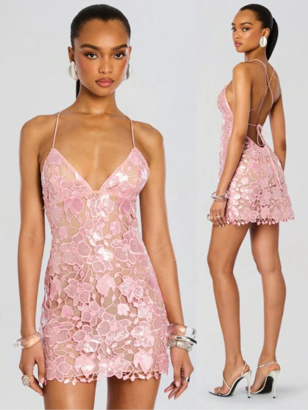 Retrofete Kamala Dress Primrose Pink Sequin Guipure Lace Floral Mini‎ NWT Size S